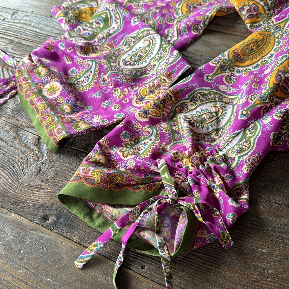 Ralph Lauren poly purple & green paisley side ruched casual pants EUC size S - Picture 7 of 11